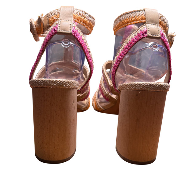 ANTONIO MELANI Gwindolin Women's 9 T-Strap Raffia Dress Sandals Pink Combo Shoes - Picture 4 of 16